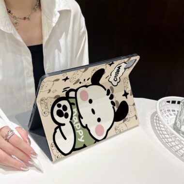 Cartoon Pochacco book-style iPad case with flip stand