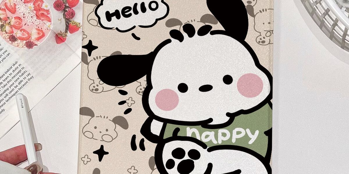 Cartoon Pochacco book-style iPad case with flip stand