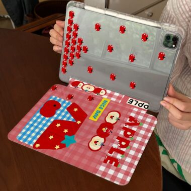 Red plaid apple cartoon Y-fold tri-fold shockproof iPad case