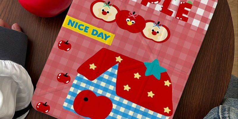 Red plaid apple cartoon Y-fold tri-fold shockproof iPad case