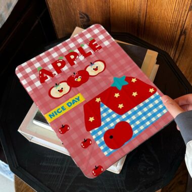 Red plaid apple cartoon Y-fold tri-fold shockproof iPad case