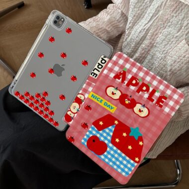 Red plaid apple cartoon Y-fold tri-fold shockproof iPad case