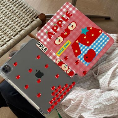 Red plaid apple cartoon Y-fold tri-fold shockproof iPad case