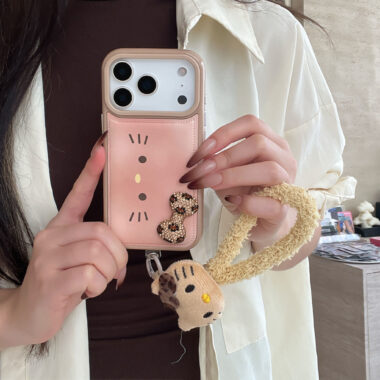 Vintage leather cat lanyard protective case for iPhone 17
