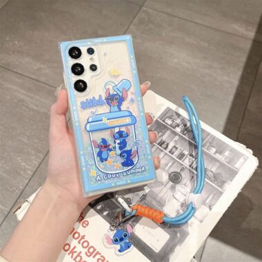 Stitch glitter liquid clear lanyard Samsung phone case