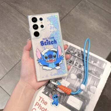 Stitch glitter liquid clear lanyard Samsung phone case