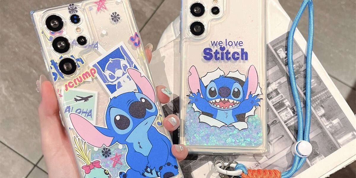 Stitch glitter liquid clear lanyard Samsung phone case