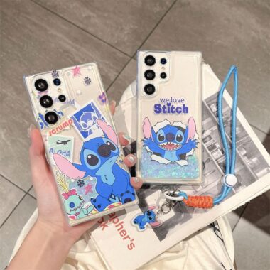 Stitch glitter liquid clear lanyard Samsung phone case