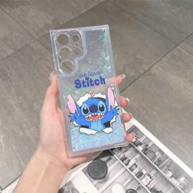 Stitch glitter liquid clear lanyard Samsung phone case
