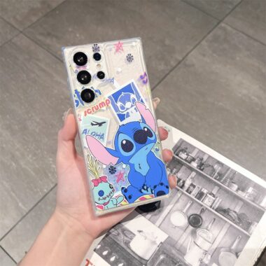 Stitch glitter liquid clear lanyard Samsung phone case
