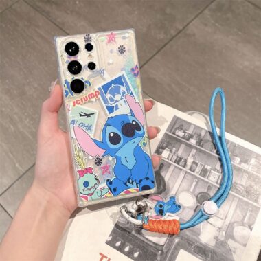 Stitch glitter liquid clear lanyard Samsung phone case