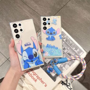 Stitch glitter liquid clear lanyard Samsung phone case