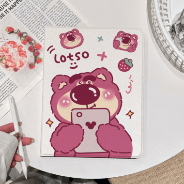 Cartoon strawberry bear book-style soft iPad case with stand