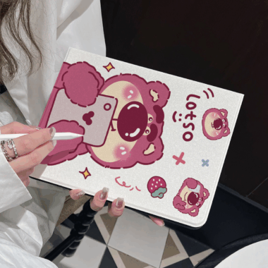 Cartoon strawberry bear book-style soft iPad case with stand