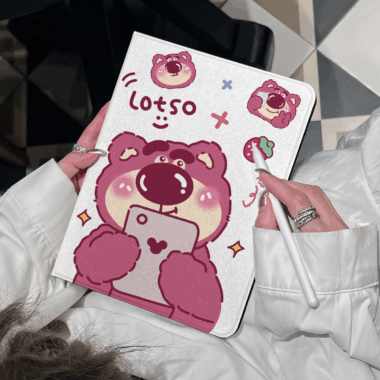 Cartoon strawberry bear book-style soft iPad case with stand