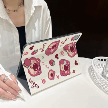 Cartoon strawberry bear book-style soft iPad case with stand