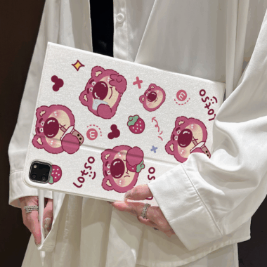 Cartoon strawberry bear book-style soft iPad case with stand