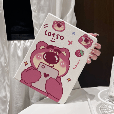 Cartoon strawberry bear book-style soft iPad case with stand