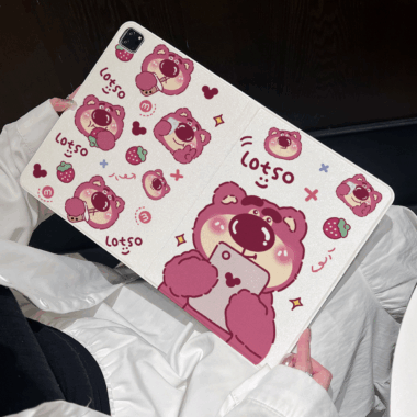 Cartoon strawberry bear book-style soft iPad case with stand