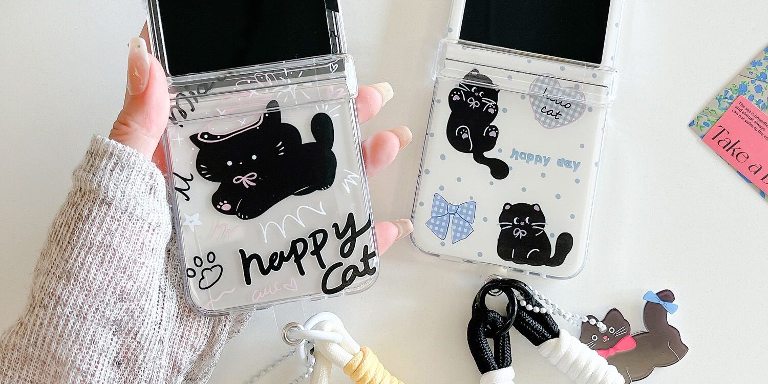 Clear cute black cat lanyard shockproof Samsung Z Flip6 case