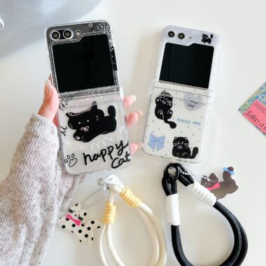 Clear cute black cat lanyard shockproof Samsung Z Flip6 case