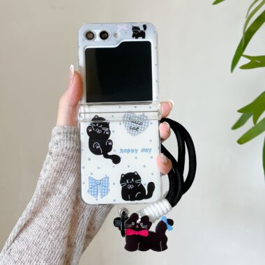 Clear cute black cat lanyard shockproof Samsung Z Flip6 case
