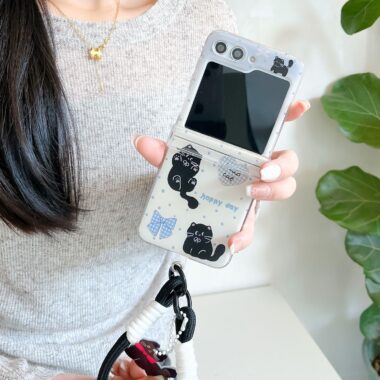 Clear cute black cat lanyard shockproof Samsung Z Flip6 case