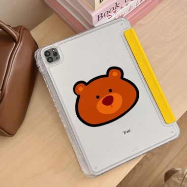 Yellow blue cartoon bear Y-fold protective iPad case
