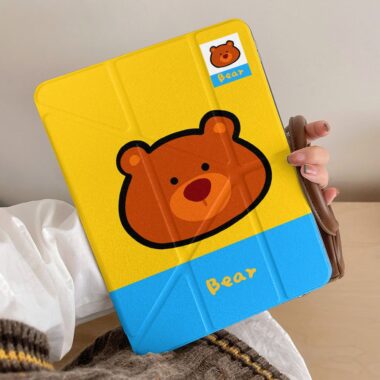 Yellow blue cartoon bear Y-fold protective iPad case