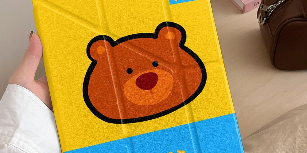 Yellow blue cartoon bear Y-fold protective iPad case