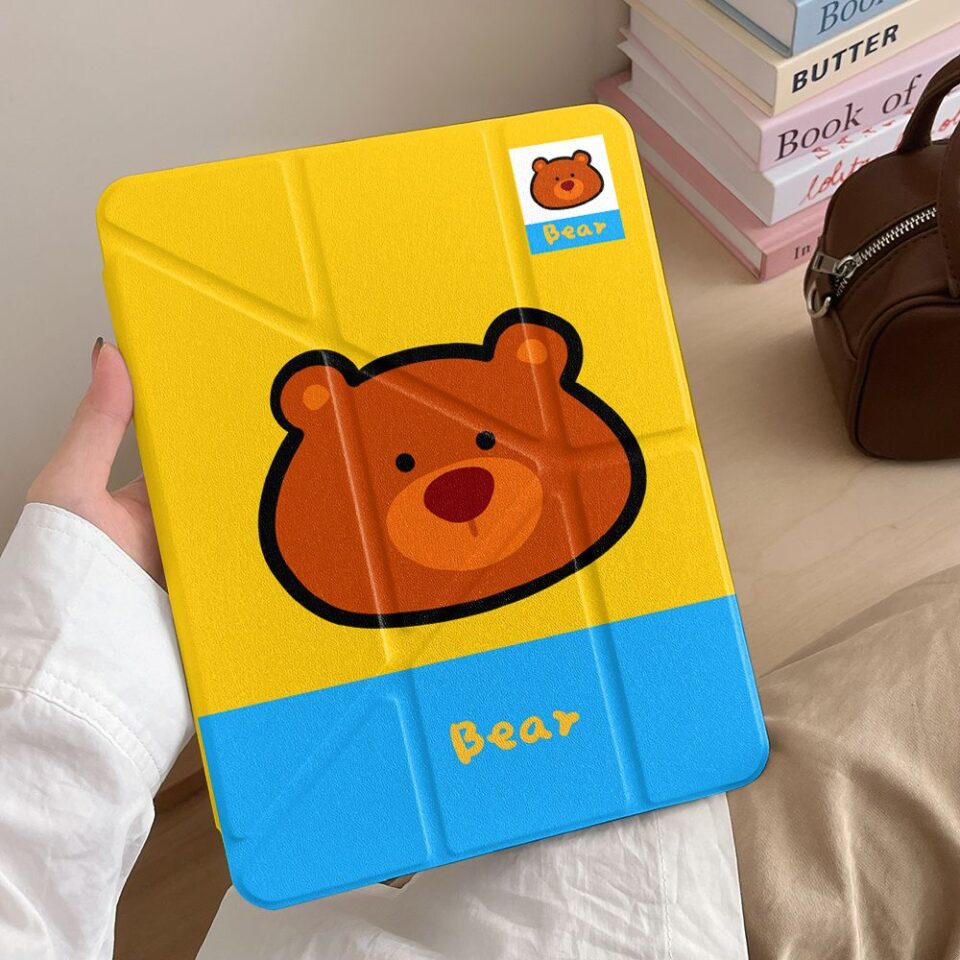 Yellow blue cartoon bear Y-fold protective iPad case