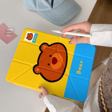 Yellow blue cartoon bear Y-fold protective iPad case