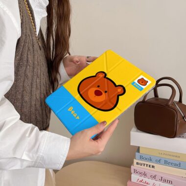Yellow blue cartoon bear Y-fold protective iPad case