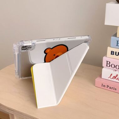 Yellow blue cartoon bear Y-fold protective iPad case