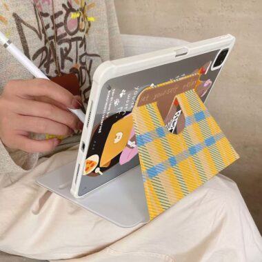 Cartoon yellow plaid dachshund 360 rotating iPad case