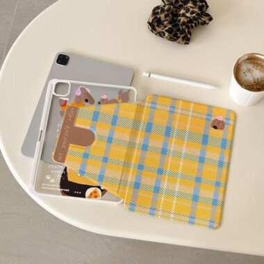 Cartoon yellow plaid dachshund 360 rotating iPad case