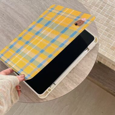 Cartoon yellow plaid dachshund 360 rotating iPad case