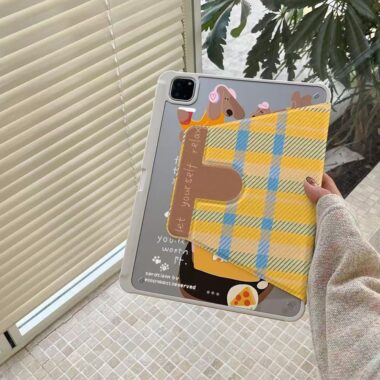 Cartoon yellow plaid dachshund 360 rotating iPad case